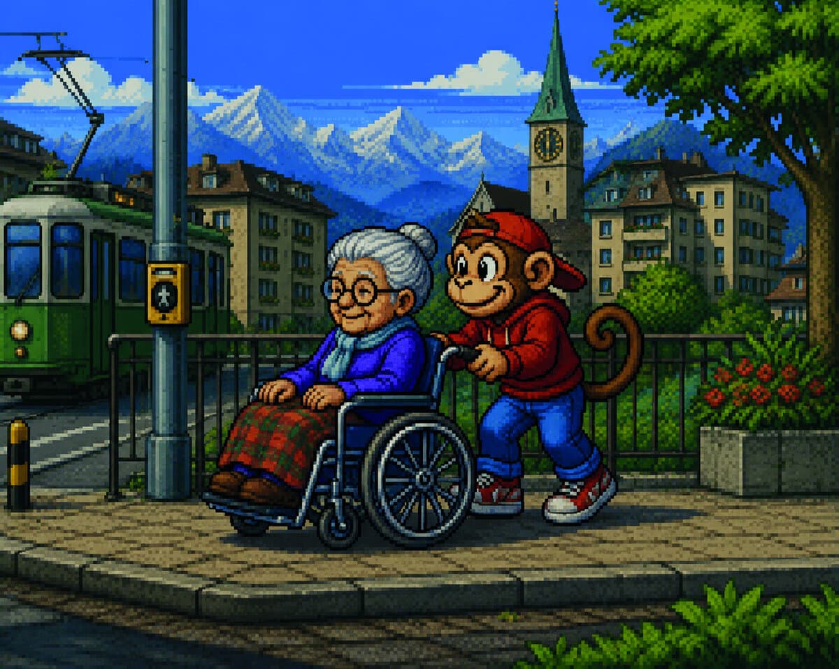 Pixel-Art: Ein Affe im roten Kapuzenpulli schiebt eine ältere Frau im Rollstuhl an einer Tramhaltestelle, im Hintergrund Berge.