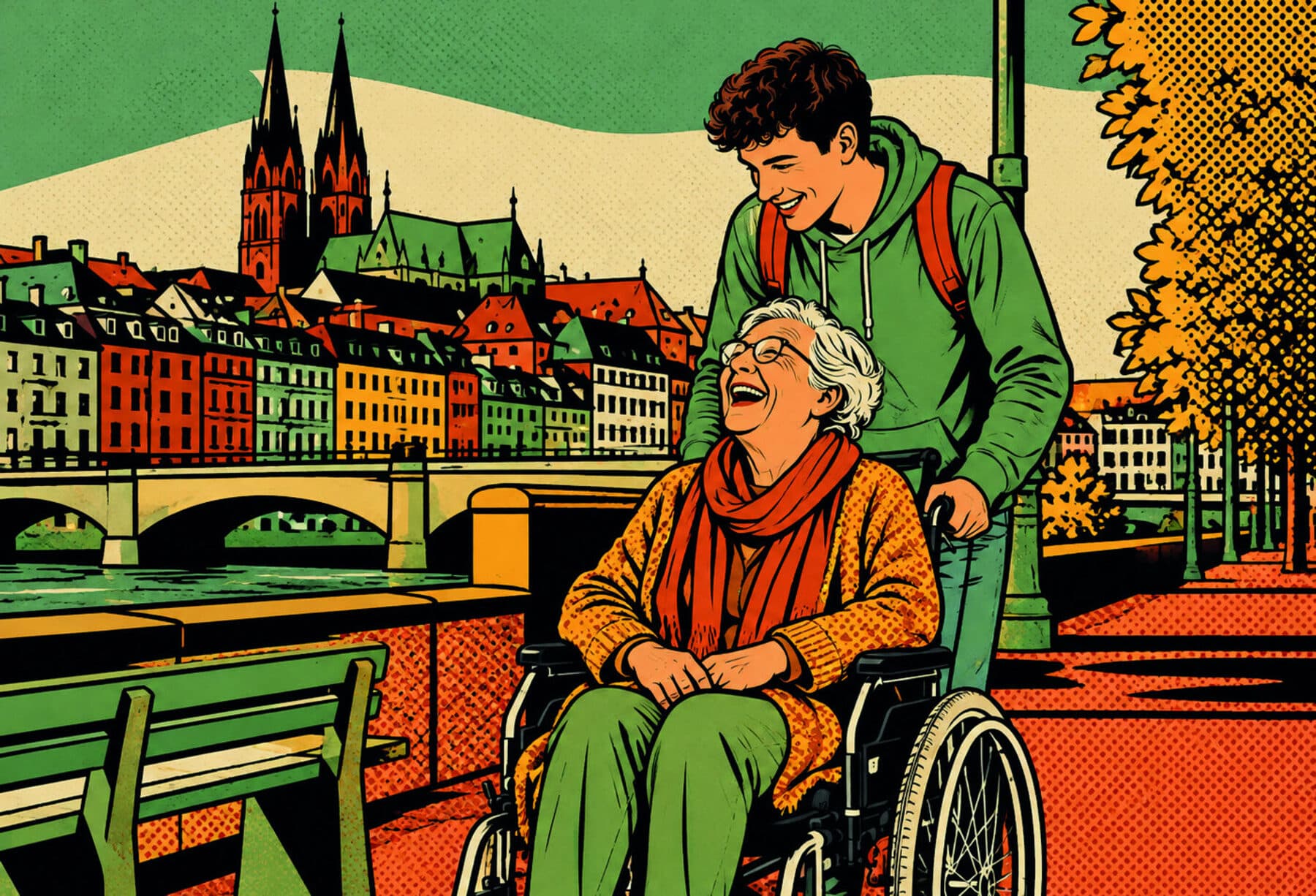 Illustration: Ein junger Mann schiebt eine lachende ältere Frau im Rollstuhl über eine Brücke, dahinter die Altstadt.